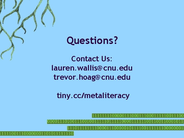 Questions? Contact Us: lauren. wallis@cnu. edu trevor. hoag@cnu. edu tiny. cc/metaliteracy 