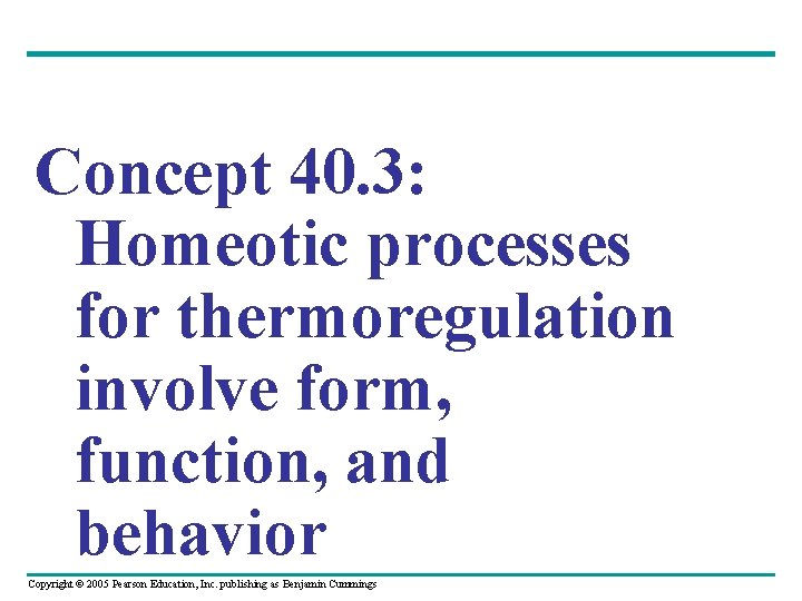 Concept 40. 3: Homeotic processes for thermoregulation involve form, function, and behavior Copyright ©