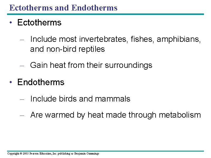 Ectotherms and Endotherms • Ectotherms – Include most invertebrates, fishes, amphibians, and non-bird reptiles
