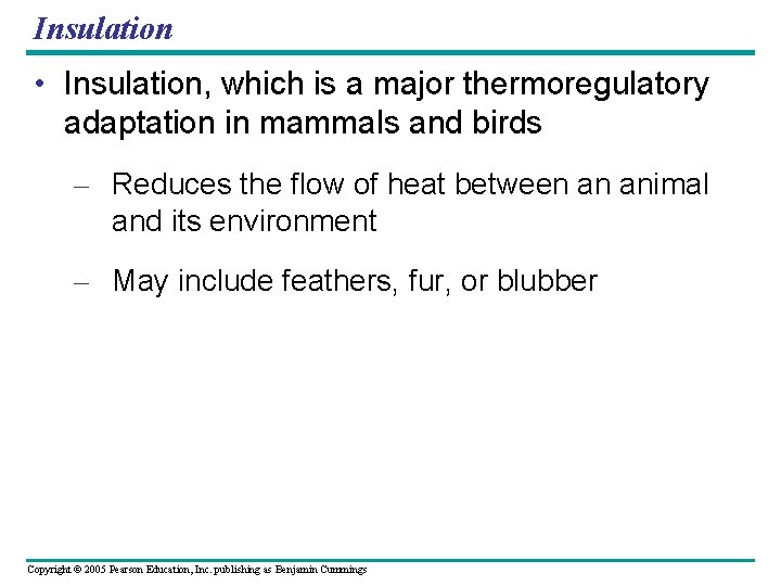 Insulation • Insulation, which is a major thermoregulatory adaptation in mammals and birds –