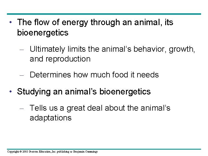  • The flow of energy through an animal, its bioenergetics – Ultimately limits