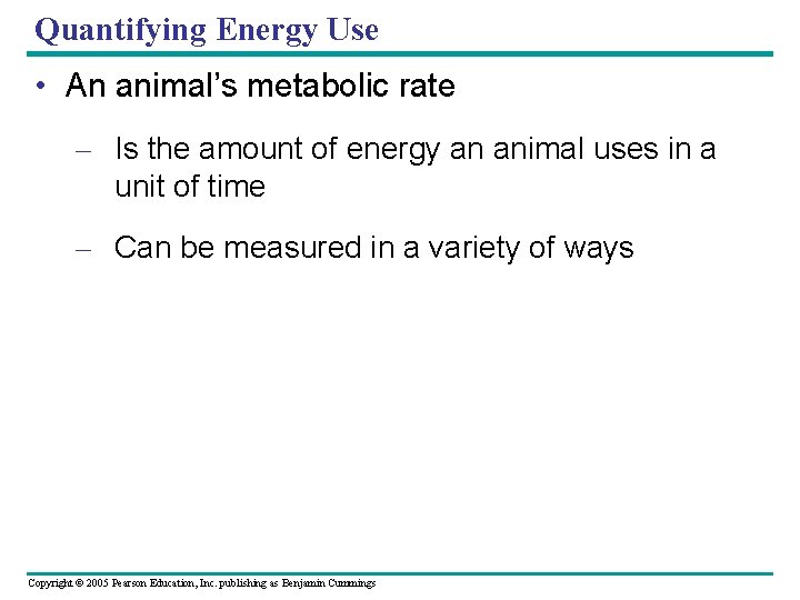 Quantifying Energy Use • An animal’s metabolic rate – Is the amount of energy