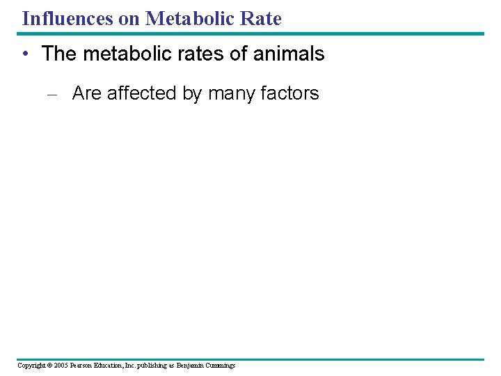 Influences on Metabolic Rate • The metabolic rates of animals – Are affected by