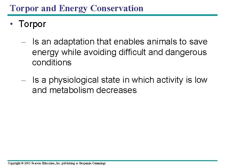 Torpor and Energy Conservation • Torpor – Is an adaptation that enables animals to