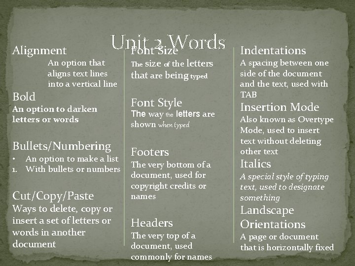 Alignment Bold Unit Words Font 2 Size An option that aligns text lines into