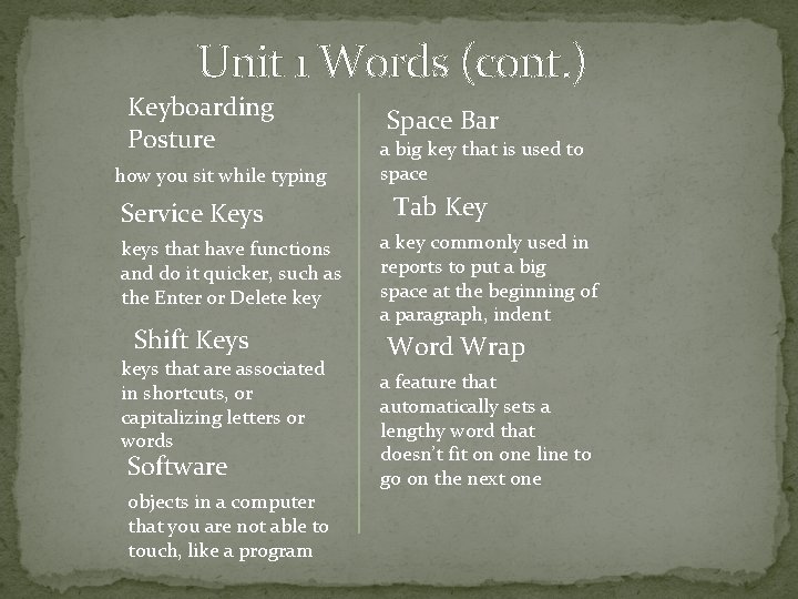 Unit 1 Words (cont. ) Keyboarding Posture how you sit while typing Service Keys