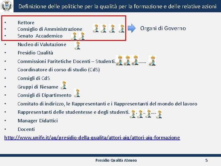 Definizione delle politiche per la qualità per la formazione e delle relative azioni •