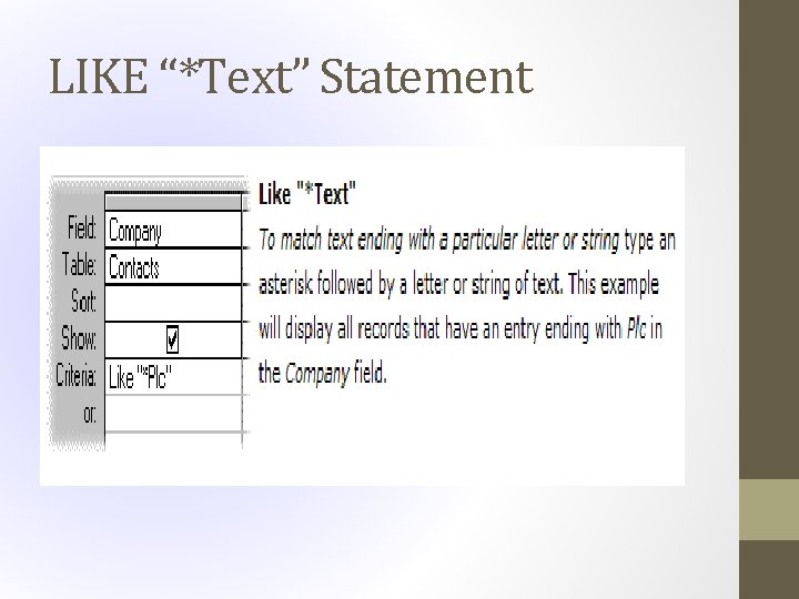 LIKE “*Text” Statement 