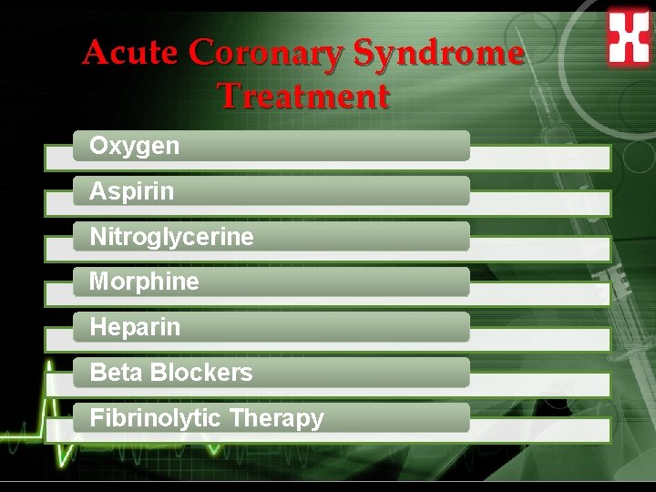 Acute Coronary Syndrome Treatment Oxygen Aspirin Nitroglycerine Morphine Heparin Beta Blockers Fibrinolytic Therapy 