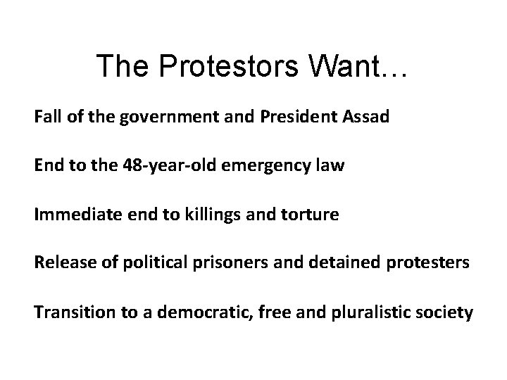 The Protestors Want… Fall of the government and President Assad End to the 48