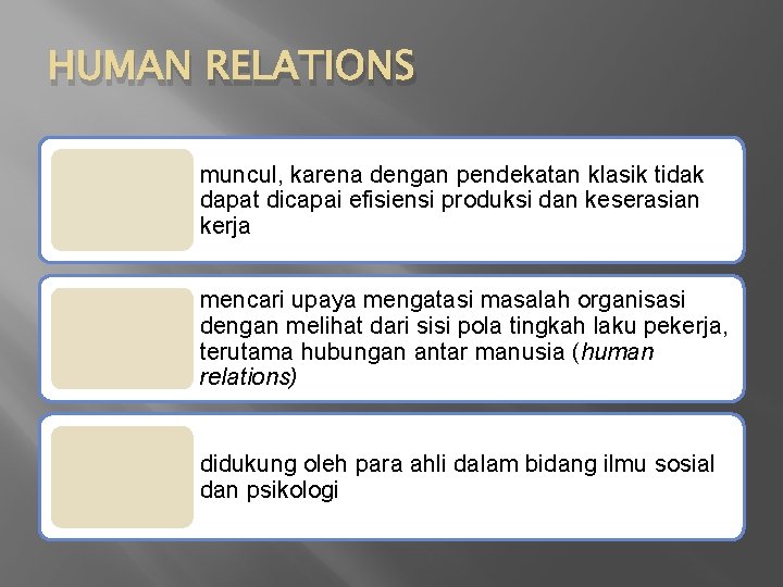 HUMAN RELATIONS muncul, karena dengan pendekatan klasik tidak dapat dicapai efisiensi produksi dan keserasian