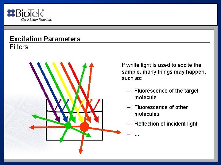 Excitation Parameters Filters If white light is used to excite the sample, many things