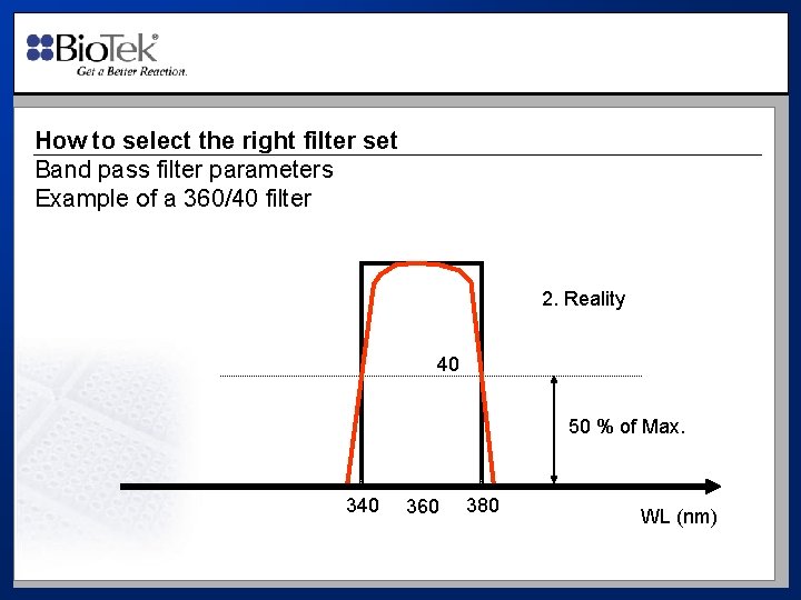 How to select the right filter set Band pass filter parameters Example of a