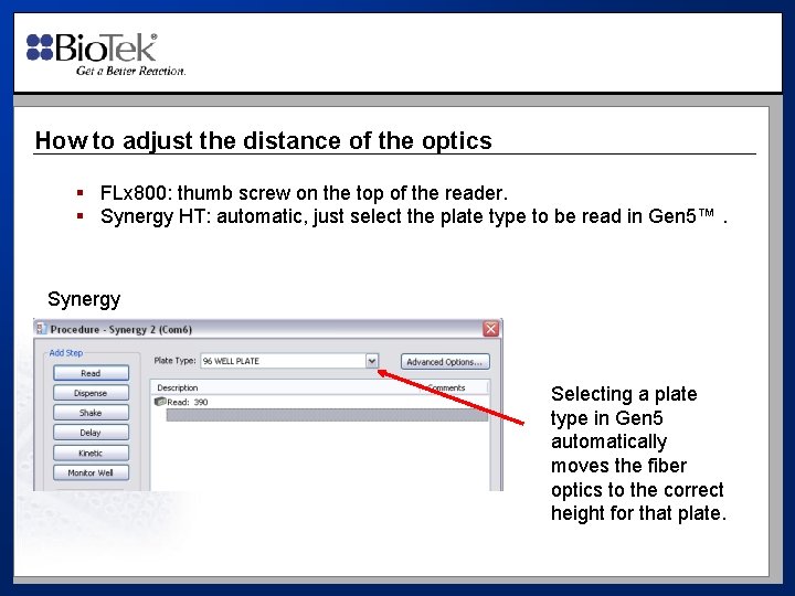 How to adjust the distance of the optics § FLx 800: thumb screw on