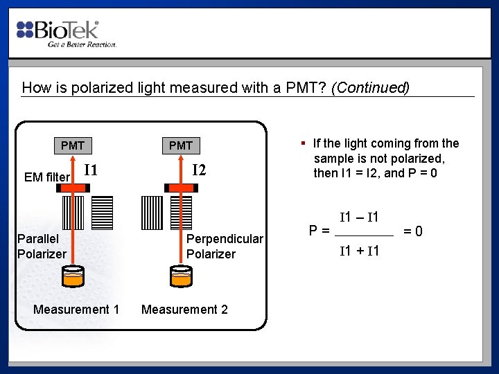 How is polarized light measured with a PMT? (Continued) PMT EM filter I 1
