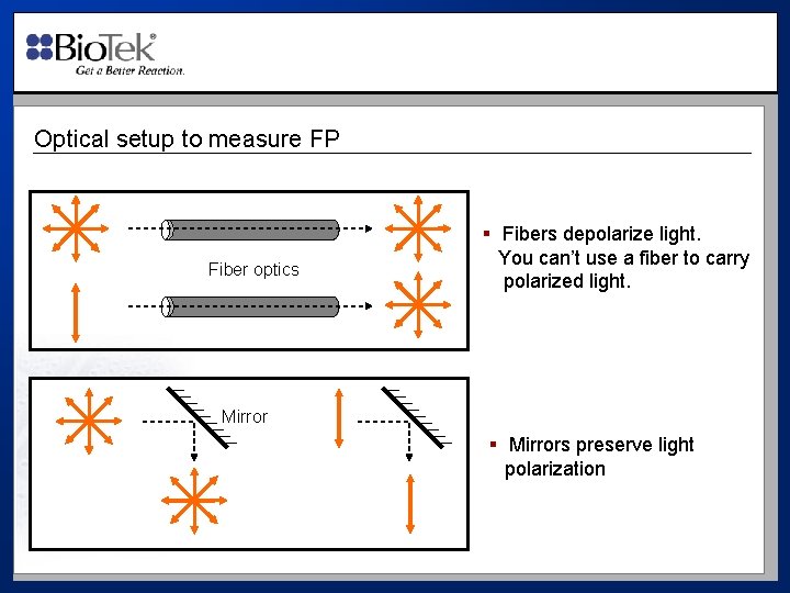 Optical setup to measure FP Fiber optics § Fibers depolarize light. You can’t use