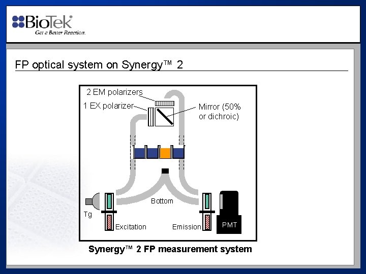 FP optical system on Synergy™ 2 2 EM polarizers 1 EX polarizer Mirror (50%