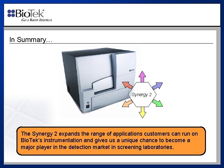In Summary… Synergy 2 The Synergy 2 expands the range of applications customers can