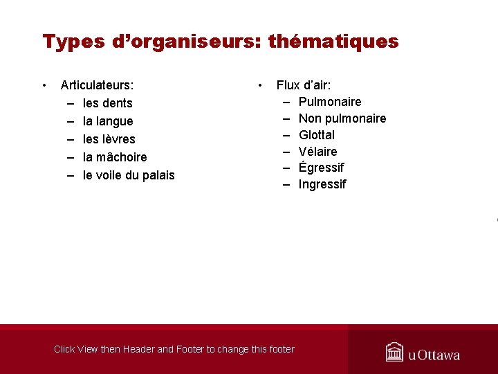 Types d’organiseurs: thématiques • Articulateurs: – les dents – la langue – les lèvres