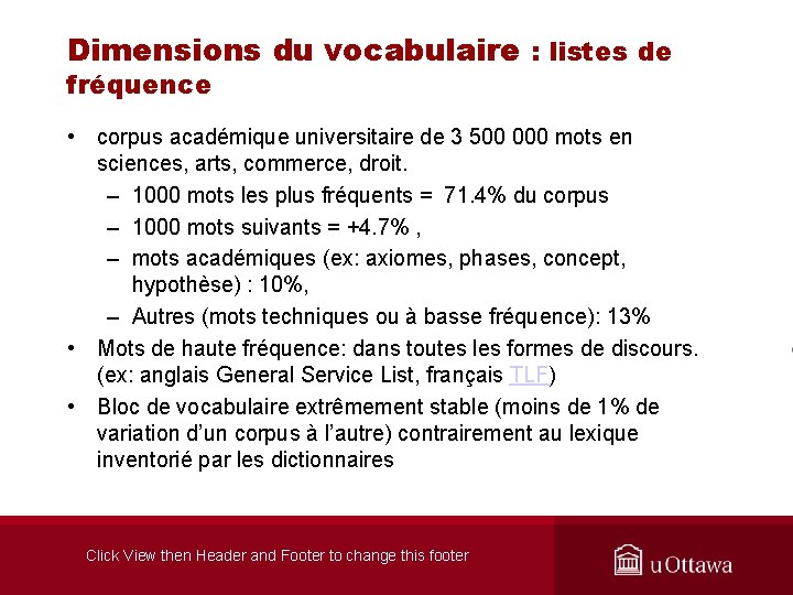 Dimensions du vocabulaire : listes de fréquence • corpus académique universitaire de 3 500