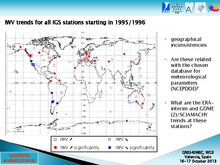 ROB IWV trends for all IGS stations starting in 1995/1996 ○ IWV ↗ ●