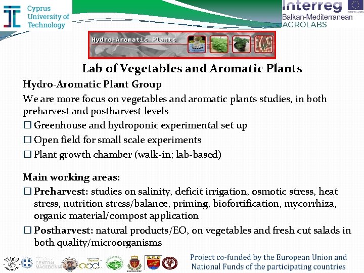 Lab of Vegetables and Aromatic Plants Hydro-Aromatic Plant Group We are more focus on