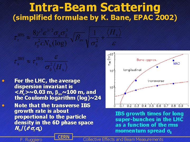 Intra-Beam Scattering (simplified formulae by K. Bane, EPAC 2002) • • For the LHC,