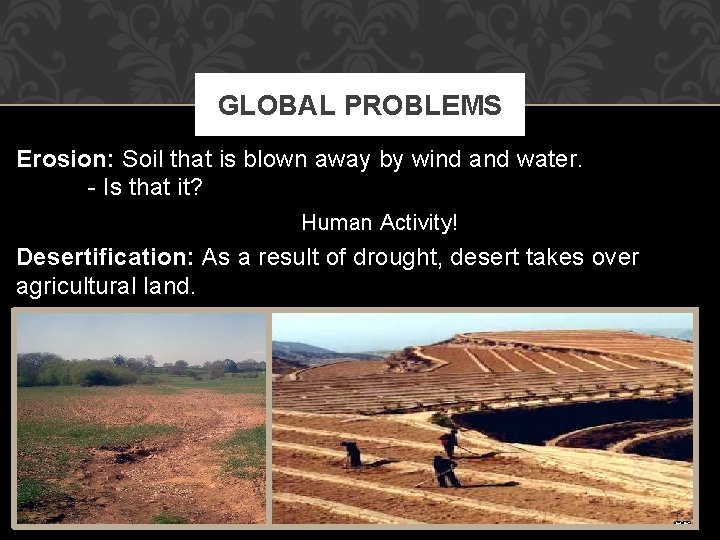 GLOBAL PROBLEMS Erosion: Soil that is blown away by wind and water. - Is