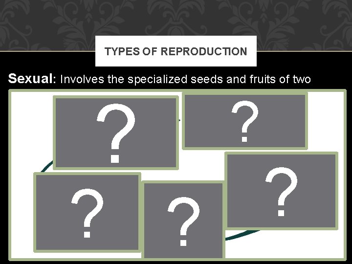 TYPES OF REPRODUCTION Sexual: Involves the specialized seeds and fruits of two plants. ?