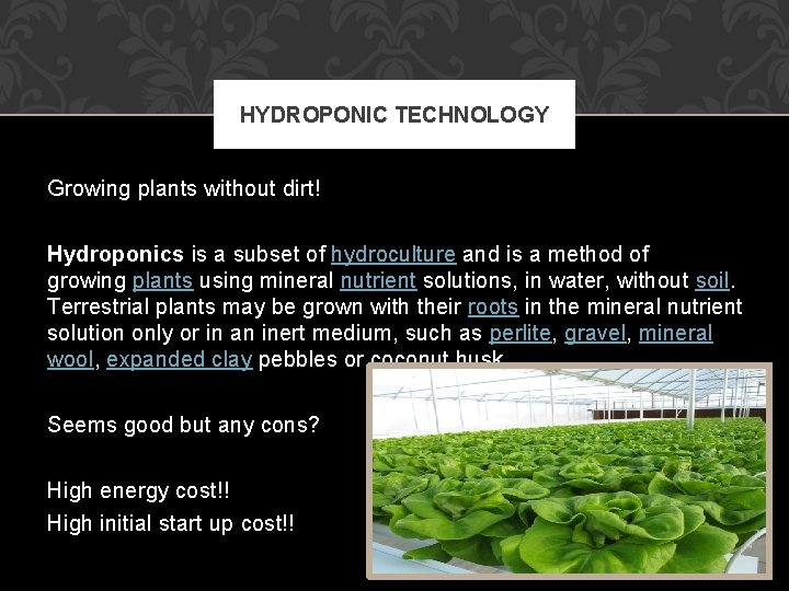 HYDROPONIC TECHNOLOGY Growing plants without dirt! Hydroponics is a subset of hydroculture and is