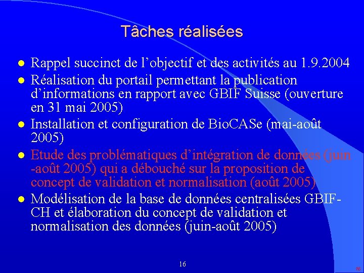 Tâches réalisées l l l Rappel succinct de l’objectif et des activités au 1.