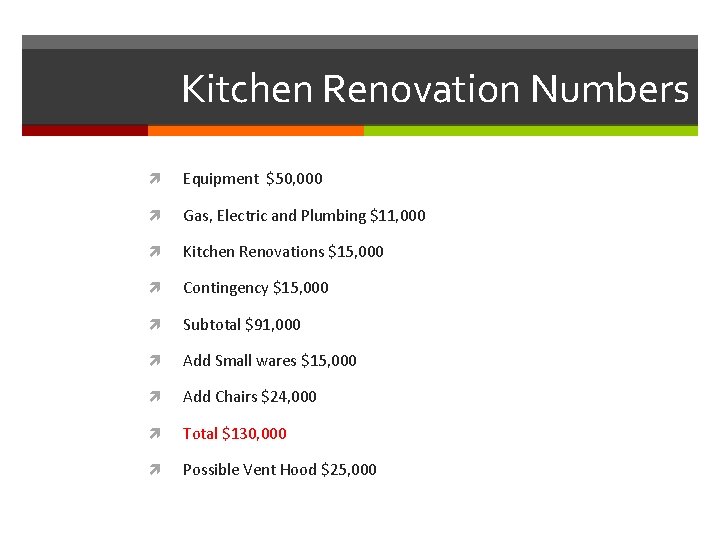 Kitchen Renovation Numbers Equipment $50, 000 Gas, Electric and Plumbing $11, 000 Kitchen Renovations