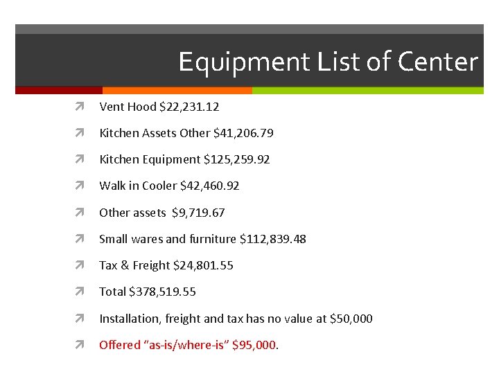 Equipment List of Center Vent Hood $22, 231. 12 Kitchen Assets Other $41, 206.