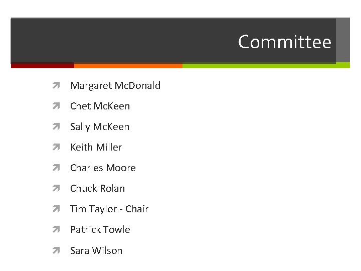 Committee Margaret Mc. Donald Chet Mc. Keen Sally Mc. Keen Keith Miller Charles Moore