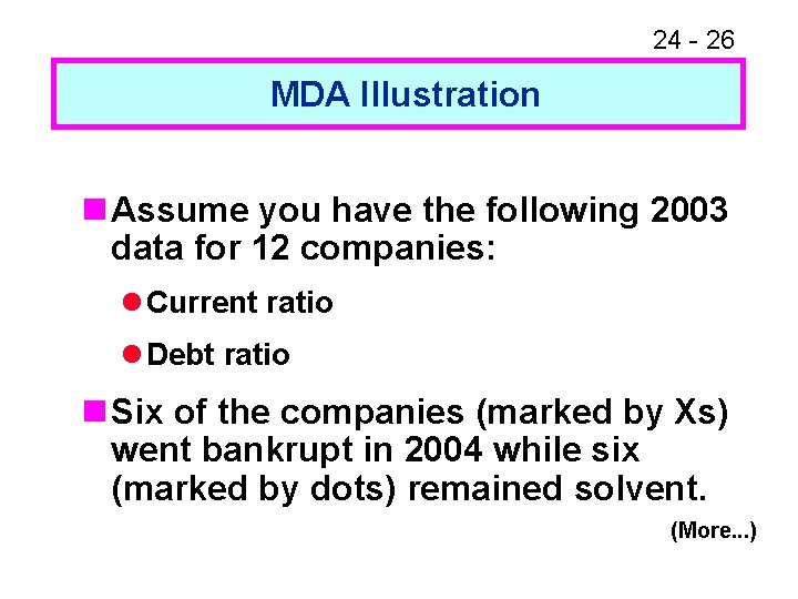 24 - 26 MDA Illustration n Assume you have the following 2003 data for