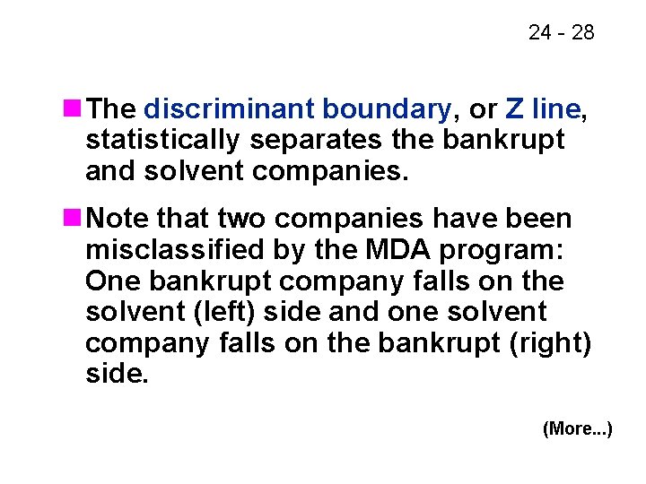 24 - 28 n The discriminant boundary, or Z line, statistically separates the bankrupt