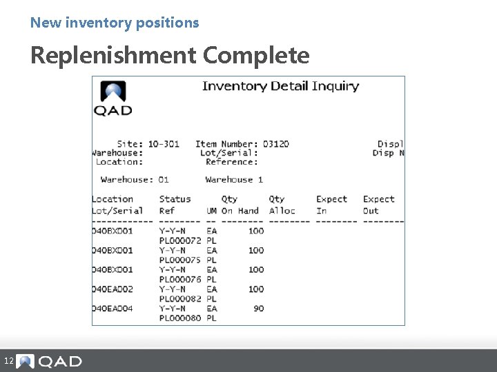New inventory positions Replenishment Complete 12 