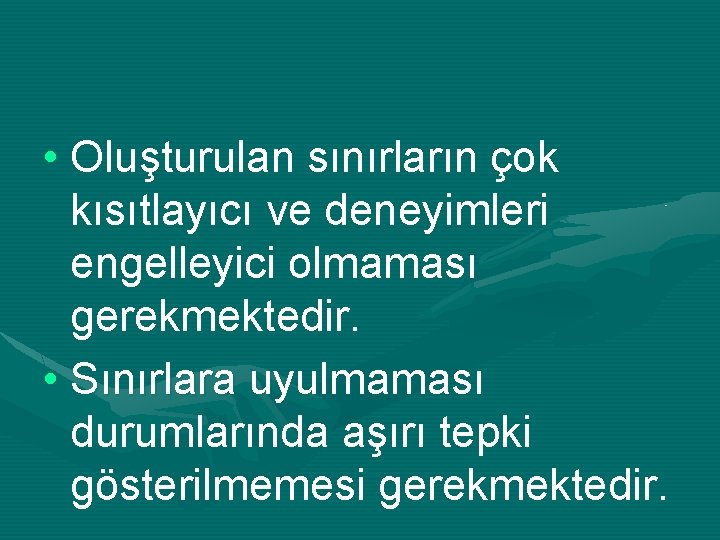  • Oluşturulan sınırların çok kısıtlayıcı ve deneyimleri engelleyici olmaması gerekmektedir. • Sınırlara uyulmaması