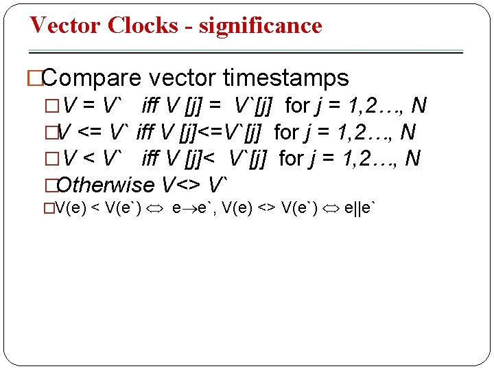 Vector Clocks - significance �Compare vector timestamps �V = V` iff V [j] =