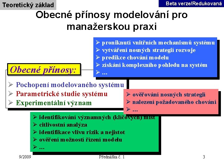 Beta verze/Redukovaná Teoretický základ Obecné přínosy modelování pro manažerskou praxi Obecné přínosy: Ø proniknutí