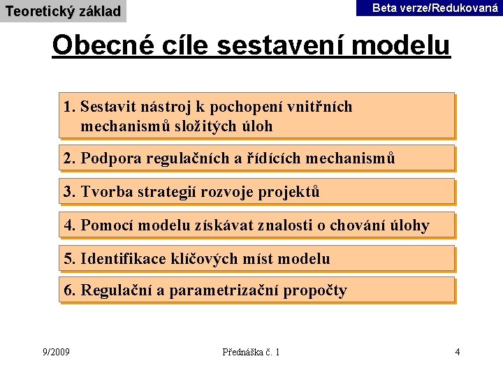 Beta verze/Redukovaná Teoretický základ Obecné cíle sestavení modelu 1. Sestavit nástroj k pochopení vnitřních