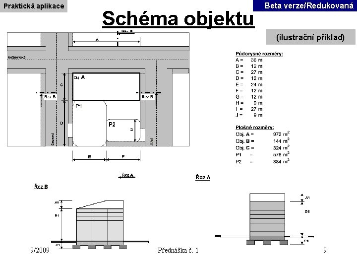 Praktická aplikace Schéma objektu Beta verze/Redukovaná (ilustrační příklad) 9/2009 Přednáška č. 1 9 