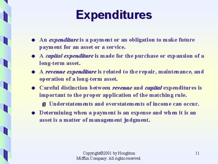 Expenditures u u u An expenditure is a payment or an obligation to make