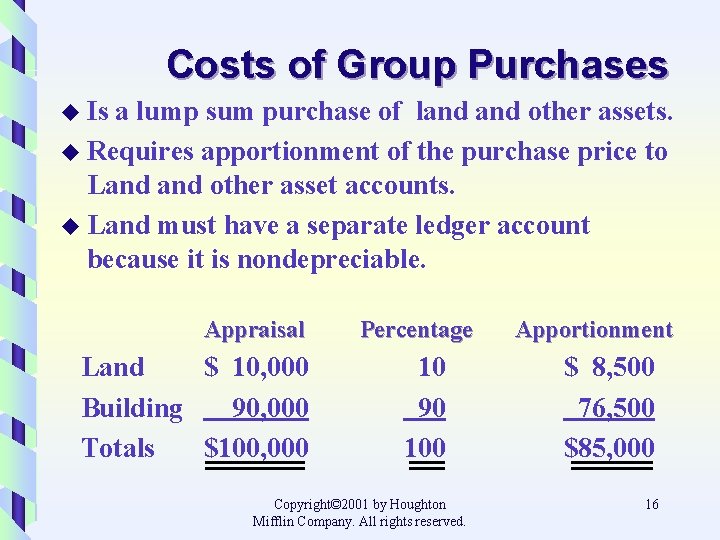 Costs of Group Purchases u Is a lump sum purchase of land other assets.
