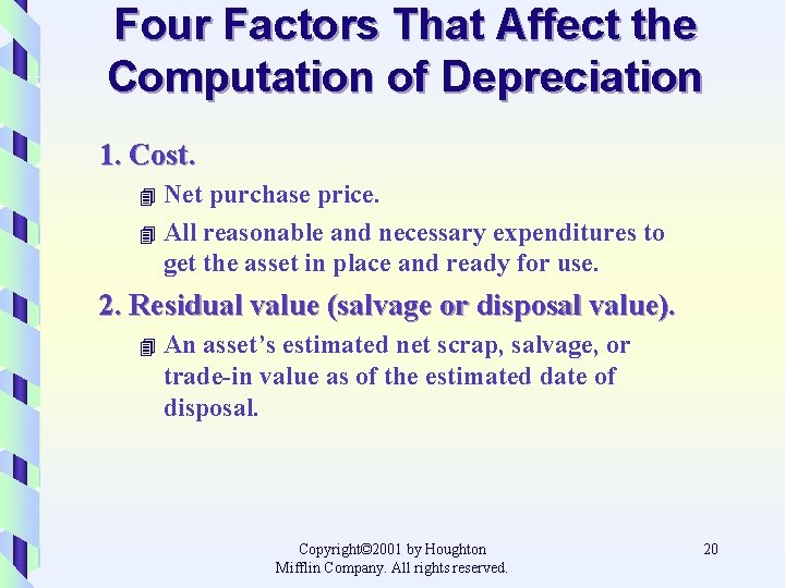 Four Factors That Affect the Computation of Depreciation 1. Cost. Net purchase price. 4