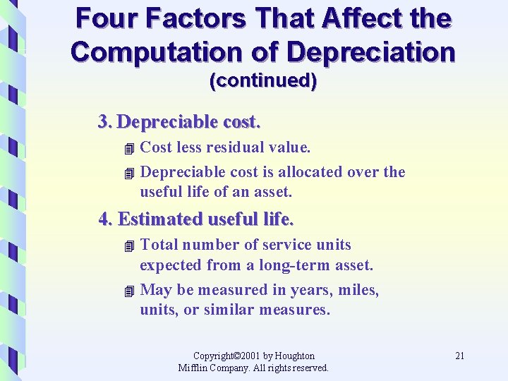 Four Factors That Affect the Computation of Depreciation (continued) 3. Depreciable cost. Cost less
