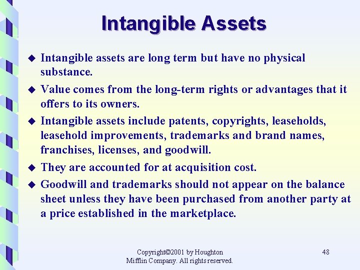 Intangible Assets u u u Intangible assets are long term but have no physical
