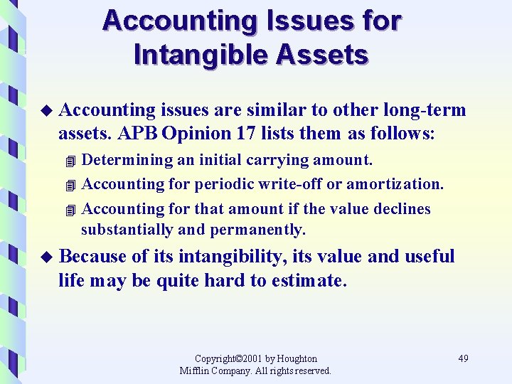 Accounting Issues for Intangible Assets u Accounting issues are similar to other long-term assets.