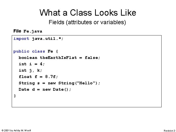 What a Class Looks Like Fields (attributes or variables) File Fe. java import java.