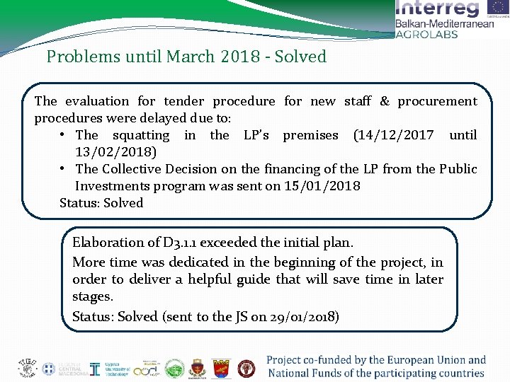 Problems until March 2018 - Solved The evaluation for tender procedure for new staff